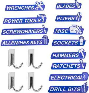 Magnetic Tool Box Labels and Hooks Set, 12 PCS Toolbox Magnetic Labels + 4PCS Self Adhesive Metal Hooks, Reusable Tool Box Accessories Organize for Steel Carts, Drawers, and Cabinets(Blue) Magnetic Tool Box Labels and Hooks Set, 12 PCS Toolbox Magnetic Labels + 4PCS Self Adhesive Metal Hooks, Reusable Tool Box Accessories Organize for Steel Carts, Drawers, and Cabinets(Blue)