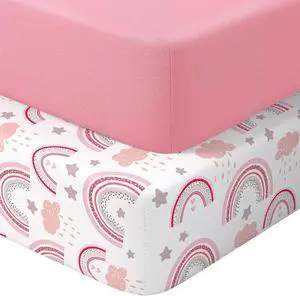 Baby Crib Sheets 2 Pack for Boys and Girls Fit for Standard Crib Toddler Mattress Breathable Soft Microfiber Baby Sheet 28x52x8in (Pink Rainbow & Pink) Baby Crib Sheets 2 Pack for Boys and Girls Fit for Standard Crib Toddler Mattress Breathable Soft Microfiber Baby Sheet 28x52x8in (Pink Rainbow & Pink)