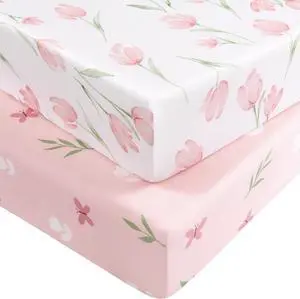 Baby Crib Sheets Girl, Fitted Crib Sheets 52" x 28", Soft Breathable Microfiber Sheets for Standard Crib and Toddler Mattress, 2-Pack Pink Tulips Baby Crib Sheets Girl, Fitted Crib Sheets 52" x 28", Soft Breathable Microfiber Sheets for Standard Crib and Toddler Mattress, 2-Pack Pink Tulips