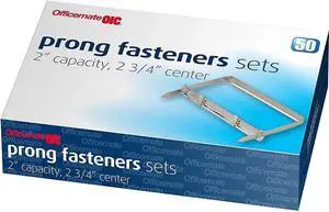 Officemate Prong Paper Fasteners, 2 inch Capacity, 2.75 inch Base, Box of 50 Complete Sets, (99852), Silver Officemate Prong Paper Fasteners, 2 inch Capacity, 2.75 inch Base, Box of 50 Complete Sets, (99852), Silver
