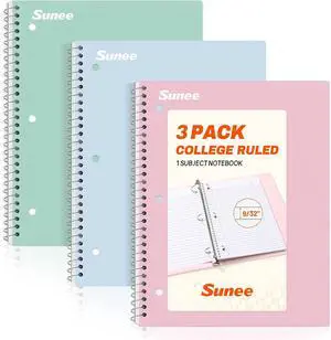 SUNEE Spiral Notebooks, 3 Pack, 1-Subject, College Ruled Paper, 8" x 10-1/2", 70 Sheets per Notebook, Assorted Pastel Colors Spiral Notebooks for School SUNEE Spiral Notebooks, 3 Pack, 1-Subject, College Ruled Paper, 8" x 10-1/2", 70 Sheets per Notebook, Assorted Pastel Colors Spiral Notebooks for School