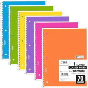 Mead Spiral Notebook, 6 Pack, 1 Subject, College Ruled Paper, 7-1/2" x 10-1/2", 70 Sheets per Notebook, Assorted Bright Colors (830050-ECM) Mead Spiral Notebook, 6 Pack, 1 Subject, College Ruled Paper, 7-1/2" x 10-1/2", 70 Sheets per Notebook, Assorted Bright Colors (830050-ECM)