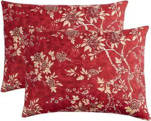 Wake In Cloud - Floral Pillow Cases, Vintage Flowers Toile Coquette Pattern Printed, Set of 2 Soft Pillowcases Pillow Shams Covers, Red, King Size 20x36 Inches Wake In Cloud - Floral Pillow Cases, Vintage Flowers Toile Coquette Pattern Printed, Set of 2 Soft Pillowcases Pillow Shams Covers, Red, King Size 20x36 Inches