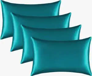 Satin Pillowcase Set for Hair and Skin, 4 Pack with Envelope Closure, Cooling Pillow Cases (4, Teal, Queen (20x30 Inch)) Satin Pillowcase Set for Hair and Skin, 4 Pack with Envelope Closure, Cooling Pillow Cases (4, Teal, Queen (20x30 Inch))