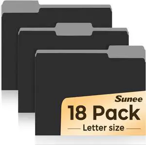 SUNEE File Folders, 18 Pack Manilla Folders 8.5 x 11, 1/3 Cut Tab for Easy Labeling and Organization, Durable Standard Paper for Home, Office, School Filing, Black SUNEE File Folders, 18 Pack Manilla Folders 8.5 x 11, 1/3 Cut Tab for Easy Labeling and Organization, Durable Standard Paper for Home, Office, School Filing, Black