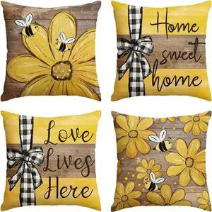 AVOIN colorlife Spring Home Sweet Home Bee Sunflower Throw Pillow Covers, 18 x 18 Inch Love Lives Here Summer Stripes Polka Dots Cushion Case for Sofa Couch Set of 4 AVOIN colorlife Spring Home Sweet Home Bee Sunflower Throw Pillow Covers, 18 x 18 Inch Love Lives Here Summer Stripes Polka Dots Cushion Case for Sofa Couch Set of 4