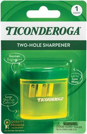 Ticonderoga Two-Hole Manual Pencil Sharpener for Standard and Beginner Pencils, Yellow/Green, 2" x 2" x 1.25", German-Engineered, 1 Count Ticonderoga Two-Hole Manual Pencil Sharpener for Standard and Beginner Pencils, Yellow/Green, 2" x 2" x 1.25", German-Engineered, 1 Count