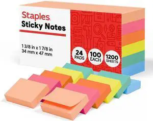 Staples Sticky Notes, 1.375x1.875 Inch, Assorted Colors, 2400 Sht Staples Sticky Notes, 1.375x1.875 Inch, Assorted Colors, 2400 Sht