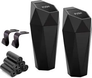 Car Trash Can Cup Holder, 2 Pack Mini Trash Can with Lid, Car Accessories for Interior, Leakproof Small Trash Cup for Home with Additional 2 ABS Hooks and 90pcs Trash Bags Black Car Trash Can Cup Holder, 2 Pack Mini Trash Can with Lid, Car Accessories for Interior, Leakproof Small Trash Cup for Home with Additional 2 ABS Hooks and 90pcs Trash Bags Black