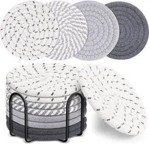 8 Pcs Drink Coasters with Holder, 4 Colors Absorbent Coasters, Minimalist Cotton Woven Coaster Set for Living Room Decor, Tabletop Protection Suitable for Kinds of Cups, 4.3 Inches 8 Pcs Drink Coasters with Holder, 4 Colors Absorbent Coasters, Minimalist Cotton Woven Coaster Set for Living Room Decor, Tabletop Protection Suitable for Kinds of Cups, 4.3 Inches