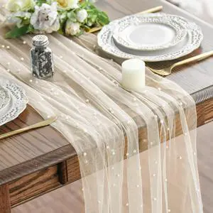 Pearl Beige Gauze Table Runner 120 Inch 10FT, Seasonal Sheer Dining Holiday Wedding Birthday Baby Shower Table Decor for Home Party Pearl Beige Gauze Table Runner 120 Inch 10FT, Seasonal Sheer Dining Holiday Wedding Birthday Baby Shower Table Decor for Home Party