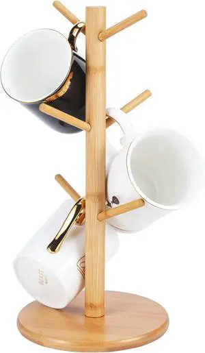 Bamboo Mug Tree Holder, Upgraded Screw Type 6 Hooks Coffee Mug Holders Bamboo Mug Tree Holder, Upgraded Screw Type 6 Hooks Coffee Mug Holders