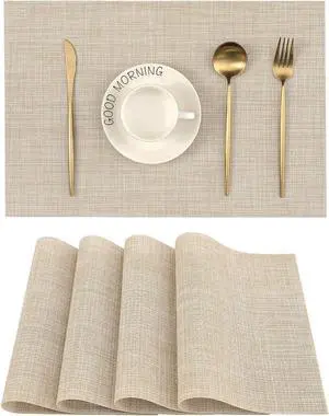 Beige Placemats Set of 4 - Heat-Resistant, Non-Slip Table Mats, Washable Woven Vinyl for Indoor & Outdoor Dining Beige Placemats Set of 4 - Heat-Resistant, Non-Slip Table Mats, Washable Woven Vinyl for Indoor & Outdoor Dining