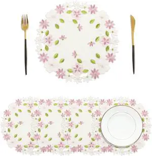 Flower Placemat with Cutout Flower Edge, Pink Floral Cutwork Embroidered Placemats for Wedding Birthday Dinner Party Table Decor, Set of 4,Round Flower Placemat with Cutout Flower Edge, Pink Floral Cutwork Embroidered Placemats for Wedding Birthday Dinner Party Table Decor, Set of 4,Round