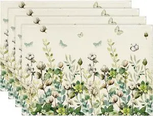 Cotton Plant Leaf Butterfly Spring Placemats Set of 4, 12x18 Inch Seasonal Summer Holiday Table Mats for Party Kitchen Dining Decoration Cotton Plant Leaf Butterfly Spring Placemats Set of 4, 12x18 Inch Seasonal Summer Holiday Table Mats for Party Kitchen Dining Decoration