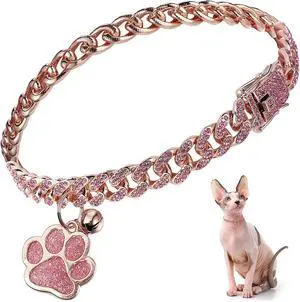 Cat Collar Diamond Chain Glitter Collar Walking Metal with Secure Buckle Cat Pet Necklace with Paw Charm and ID Tag Bell Link Cuban Jewelry Accessories Gift(8 Inch,Rose Gold, Pink) Cat Collar Diamond Chain Glitter Collar Walking Metal with Secure Buckle Cat Pet Necklace with Paw Charm and ID Tag Bell Link Cuban Jewelry Accessories Gift(8 Inch,Rose Gold, Pink)