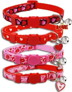 Valentine's Day Cat Collar Set, 4 Pack Pink Heart Pattern Collars with Cute Charms and Bells for Boys Girls Kitties Kittens Valentine's Day Cat Collar Set, 4 Pack Pink Heart Pattern Collars with Cute Charms and Bells for Boys Girls Kitties Kittens