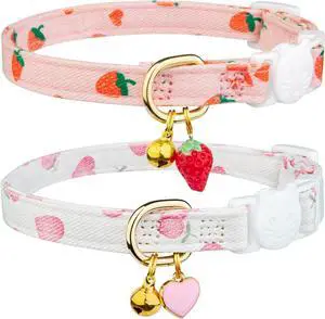2 Pack Cotton Cat Collar Pink Strawberrie White Heart Cute Kitten Collar | Breakaway Breathable Soft material With cute pendants with Bell 2 Pack Cotton Cat Collar Pink Strawberrie White Heart Cute Kitten Collar | Breakaway Breathable Soft material With cute pendants with Bell