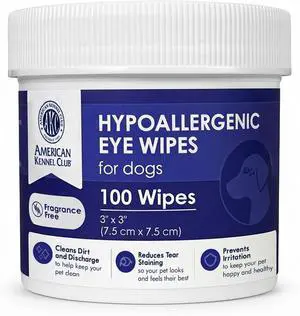 AKC Eye Wipes for Dogs & Cats, Unscented, 100 Count | Hypoallergenic grooming wipes help clean tear stains and eye discharge from dogs and cats. AKC Eye Wipes for Dogs & Cats, Unscented, 100 Count | Hypoallergenic grooming wipes help clean tear stains and eye discharge from dogs and cats.
