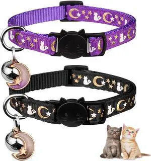 2PCS Breakaway Cat Collars with Bell Moons Stars Cute Kitty Adjustable Safe Kitten Collars with Pendant Glow in The Dark(Black&Purple) 2PCS Breakaway Cat Collars with Bell Moons Stars Cute Kitty Adjustable Safe Kitten Collars with Pendant Glow in The Dark(Black&Purple)