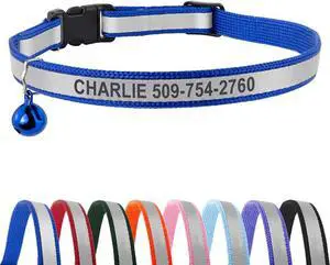 Personalized Reflective Cat Collars, Engraved Custom Cat Collar | Name and Phone Identification, Breakaway Collar with Safety Release Buckle and Bell, Adjustable for Cats and Kitten, (Blue) Personalized Reflective Cat Collars, Engraved Custom Cat Collar | Name and Phone Identification, Breakaway Collar with Safety Release Buckle and Bell, Adjustable for Cats and Kitten, (Blue)