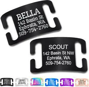 Slide-On Pet ID Tag, Silent Stainless Steel Personalized Dog Tag | Custom Engraved Curved Nameplate in 4 Sizes for Large, Medium or Small Dogs and Cats, 4 Lines of Text (Black, Pack of 1) Slide-On Pet ID Tag, Silent Stainless Steel Personalized Dog Tag | Custom Engraved Curved Nameplate in 4 Sizes for Large, Medium or Small Dogs and Cats, 4 Lines of Text (Black, Pack of 1)