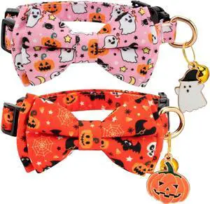 2 Pack Breakaway Cat Collar with Removable Bow Tie and Bell for Boy Girl Cats,Cute Cotton Kitten Collar with Purple Lavender and Flower Pattern for Female Male Cats (Pink Ghost&Pumpkin) 2 Pack Breakaway Cat Collar with Removable Bow Tie and Bell for Boy Girl Cats,Cute Cotton Kitten Collar with Purple Lavender and Flower Pattern for Female Male Cats (Pink Ghost&Pumpkin)