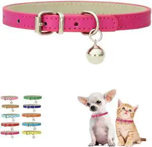 Cat Kitten Bell Collar, XS Dog Collar Girl Hot Pink Puppy Collar with Bell | Adjustable XXS XS size bell collar, faux leather PU collar tiny male female puppies kittens,litter small animal for boy gir Cat Kitten Bell Collar, XS Dog Collar Girl Hot Pink Puppy Collar with Bell | Adjustable XXS XS size bell collar, faux leather PU collar tiny male female puppies kittens,litter small animal for boy gir