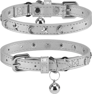 Leather Cat Collar, Breakaway Kitten Collars with Bell, Silver | Spiked & Studded, Cute for Boy Girl Small Pets, Goth Style, Safety Elastic Belt, Adjustable Buckle, Moon and Stars, 7-9in Leather Cat Collar, Breakaway Kitten Collars with Bell, Silver | Spiked & Studded, Cute for Boy Girl Small Pets, Goth Style, Safety Elastic Belt, Adjustable Buckle, Moon and Stars, 7-9in