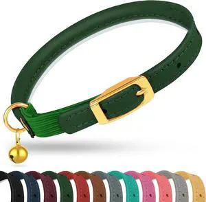 Rolled Leather Cat Collar with Bell - Reflective Kitten Collar with Safety Elastic Strap - Adjustable Small Pet Collars for Boy Girl Cats (Green) Rolled Leather Cat Collar with Bell - Reflective Kitten Collar with Safety Elastic Strap - Adjustable Small Pet Collars for Boy Girl Cats (Green)