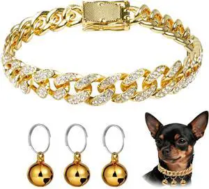 Cuban Link Dog Collar with 3 Bells - Gold Metal Chain Dog Necklace, Bell Collar & Pet Accessories for Boy Dogs (Gold, 10 Inch) Cuban Link Dog Collar with 3 Bells - Gold Metal Chain Dog Necklace, Bell Collar & Pet Accessories for Boy Dogs (Gold, 10 Inch)