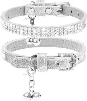 Basic Adjustable Cat Collar with Bling Diamond and Double Bells, for Kitten and Small Puppy, Fashion and Shining Dog Rhinestone Collars, 6-8 in, Silver Basic Adjustable Cat Collar with Bling Diamond and Double Bells, for Kitten and Small Puppy, Fashion and Shining Dog Rhinestone Collars, 6-8 in, Silver