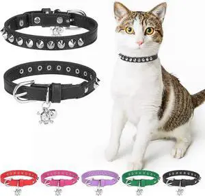 Leather Cat Collar, Breakaway Kitten Collars with Bell, Black | Spiked & Studded, Cute for Boy Girl Small Pets, Goth Rivet Style, Safety Elastic Belt, Adjustable Buckle, Skull Charm, 8-12in Leather Cat Collar, Breakaway Kitten Collars with Bell, Black | Spiked & Studded, Cute for Boy Girl Small Pets, Goth Rivet Style, Safety Elastic Belt, Adjustable Buckle, Skull Charm, 8-12in
