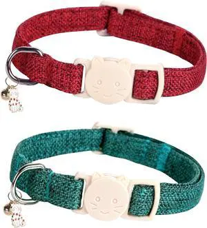 Red and Green Linnet Cat Collar(2-Pack) Breakaway | Safety Buckle, Kitten and Bell Pendant, Adjustable,Linen-look Material, for Cats and Small Pets Red and Green Linnet Cat Collar(2-Pack) Breakaway | Safety Buckle, Kitten and Bell Pendant, Adjustable,Linen-look Material, for Cats and Small Pets