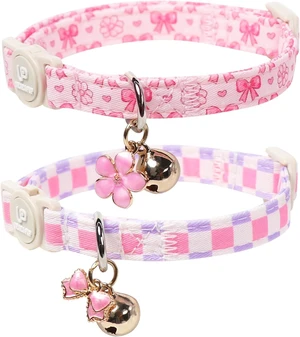 Cat Collar, 2Pack Pink Floral and Purple Plaid Pattern Cats Collars-Cute Summer Breakaway Cat Collar with Bell & Pendant, Pretty Plaid Kitten Collars for Girl & Boy Cats, 7-12Inch Cat Collar, 2Pack Pink Floral and Purple Plaid Pattern Cats Collars-Cute Summer Breakaway Cat Collar with Bell & Pendant, Pretty Plaid Kitten Collars for Girl & Boy Cats, 7-12Inch