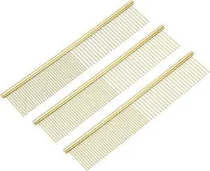 Dog Cat Comb, Pet Combs Stainless Steel Teeth with Rounded Ends for Knots Mats Loose Hair Removal, 7.5IN (Gold Plated, 3 Pack), Grooming Tool Intended for Long Curly Hair Pet Dog Cat Comb, Pet Combs Stainless Steel Teeth with Rounded Ends for Knots Mats Loose Hair Removal, 7.5IN (Gold Plated, 3 Pack), Grooming Tool Intended for Long Curly Hair Pet