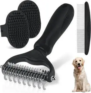 Double-Sided Pet Grooming Rake - 4-in-1 Professional Pet Grooming Kit Deshedding Dematting Tool for Dogs Cats Extra-Wide Grooming Brush & Deshedder Comb for Long & Short Haired Pets (Black Kit 4PCS) Double-Sided Pet Grooming Rake - 4-in-1 Professional Pet Grooming Kit Deshedding Dematting Tool for Dogs Cats Extra-Wide Grooming Brush & Deshedder Comb for Long & Short Haired Pets (Black Kit 4PCS)