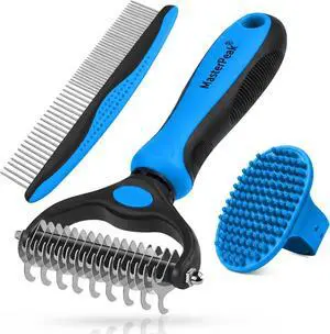 3-in-1 Pet Grooming Kit Rake Metal Comb & Bath Brush Blue | Double-Sided Dematting Undercoat Rake, Deshedding Metal Comb, Bath Brush For Dogs and Cats 3-in-1 Pet Grooming Kit Rake Metal Comb & Bath Brush Blue | Double-Sided Dematting Undercoat Rake, Deshedding Metal Comb, Bath Brush For Dogs and Cats