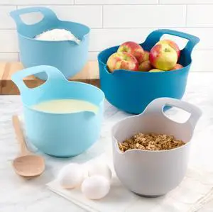 Mainstays 4 Piece Nesting Plastic Mixing Bowl Set with Pour Spouts and Handles, Blue Mainstays 4 Piece Nesting Plastic Mixing Bowl Set with Pour Spouts and Handles, Blue