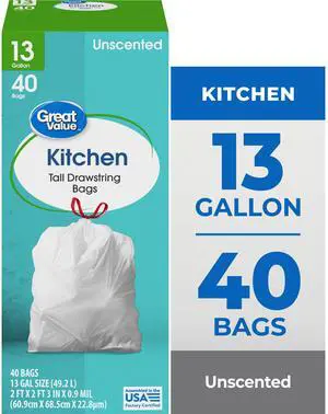 Great Value Tall Kitchen Trash Bags, 13 gal, Drawstring, Unscented, 40 Bags Great Value Tall Kitchen Trash Bags, 13 gal, Drawstring, Unscented, 40 Bags