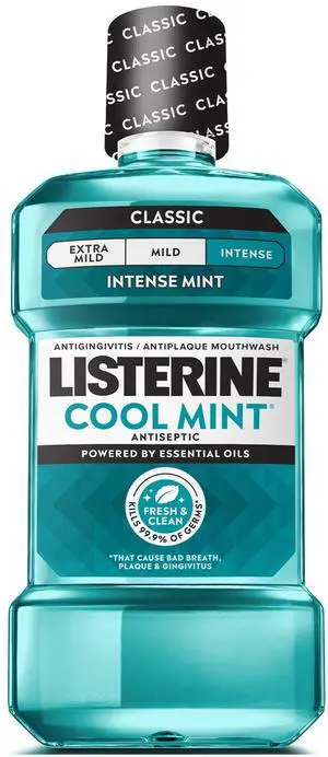 Listerine Cool Mint Antiseptic Mouthwash for Bad Breath and Plaque, Intense Mint, 33.8 fl oz/1 L Listerine Cool Mint Antiseptic Mouthwash for Bad Breath and Plaque, Intense Mint, 33.8 fl oz/1 L