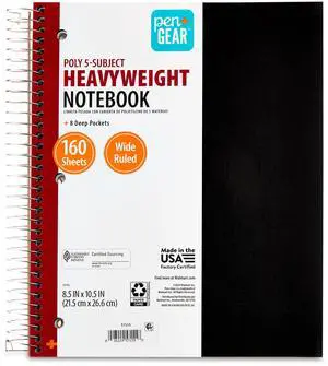 Pen+Gear Wide Ruled 5-Subject Poly Notebook, Black, 8.5 in x 10.5 in, 160 Sheets Pen+Gear Wide Ruled 5-Subject Poly Notebook, Black, 8.5 in x 10.5 in, 160 Sheets