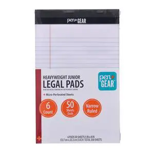 Pen+Gear Narrow Ruled Heavyweight Junior Legal Pads, 5"x8", White Paper, 50 Sheets Each, 100 Pages, 6 Pack Pen+Gear Narrow Ruled Heavyweight Junior Legal Pads, 5"x8", White Paper, 50 Sheets Each, 100 Pages, 6 Pack
