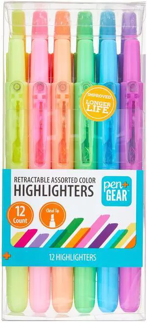 Pen+Gear Retractable Highlighters, Chisel Tip, Assorted Colors, Multi Colored Ink,12 Count Pen+Gear Retractable Highlighters, Chisel Tip, Assorted Colors, Multi Colored Ink,12 Count