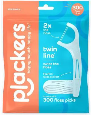 Plackers® Twin Line® Floss Picks with Tuffloss® Fiber & FlipPick®, Intense Mint, Double-Line Flosser for Effective Plaque Removal, 300 Count Plackers® Twin Line® Floss Picks with Tuffloss® Fiber & FlipPick®, Intense Mint, Double-Line Flosser for Effective Plaque Removal, 300 Count