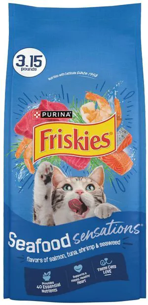 Purina Friskies Dry Cat Food Seafood Sensations with Salmon, Tuna, and Shrimp Flavors, 3.15 lb Bag Purina Friskies Dry Cat Food Seafood Sensations with Salmon, Tuna, and Shrimp Flavors, 3.15 lb Bag