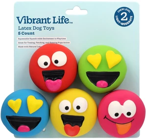 Vibrant Life Multicolor Emoticon Latex Dog Toys with Squeakers, Chew Level 2, 5 Count Vibrant Life Multicolor Emoticon Latex Dog Toys with Squeakers, Chew Level 2, 5 Count