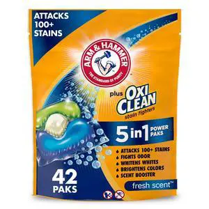 ARM & HAMMER Plus OxiClean 5in1 Laundry Detergent Power Paks,42Count Fresh Scent Concentrated Pods,100+ Stain & Odor Remover,Whitens & Brightens,HE & Standard WasherSafe ARM & HAMMER Plus OxiClean 5in1 Laundry Detergent Power Paks,42Count Fresh Scent Concentrated Pods,100+ Stain & Odor Remover,Whitens & Brightens,HE & Standard WasherSafe