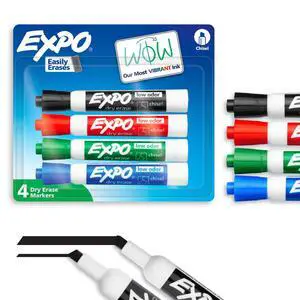 EXPO DryErase Markers,4Count Assorted Colors,Chisel Tip,LowOdor Vibrant Ink,Writes On Whiteboard,Glass & Acrylic,EasyErase For Classroom,Office & Home EXPO DryErase Markers,4Count Assorted Colors,Chisel Tip,LowOdor Vibrant Ink,Writes On Whiteboard,Glass & Acrylic,EasyErase For Classroom,Office & Home
