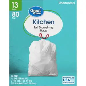 Great Value 13 Gallon Tall Kitchen Trash Bags,80Count White Unscented Garbage Bags,Drawstring Closure,PunctureResistant Plastic,For Household Daily Waste Disposal Great Value 13 Gallon Tall Kitchen Trash Bags,80Count White Unscented Garbage Bags,Drawstring Closure,PunctureResistant Plastic,For Household Daily Waste Disposal